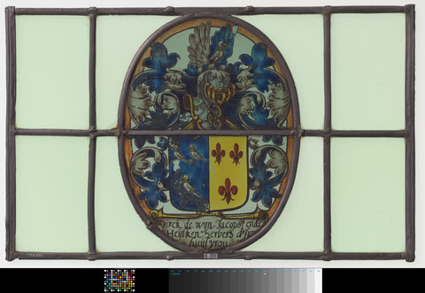 Diamond with coat of arms with birds and lilies and caption 