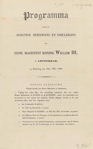 Programme for the Plegtige Beëediging en Inaudigdiging van Zijne Majesteit Koning Willem III, in Amsterdam, op Zaturdag den 12den Mei 1849, anonymous, 1849 Canvas Print