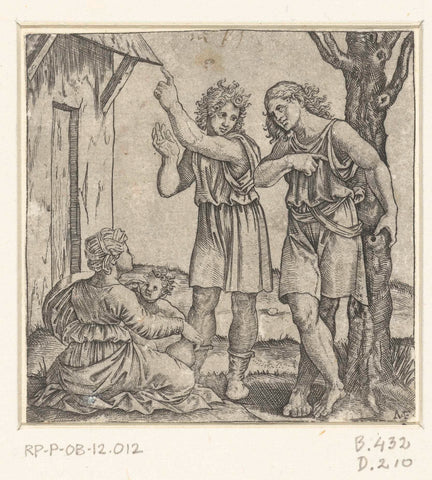 Mother and child talking to two men, Marcantonio Raimondi, 1510 - 1527 Canvas Print