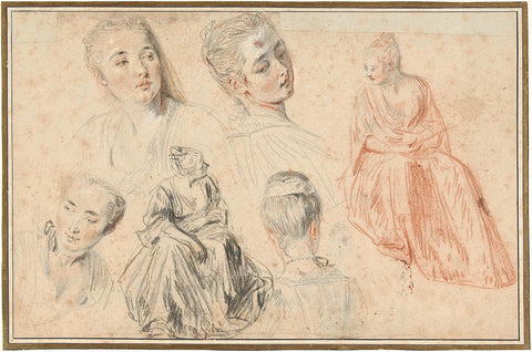 Four Studies of a Woman's Head and Two of a Seated Woman, Jean Antoine Watteau, 1705 - 1721 Canvas Print