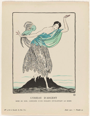 Gazette du Bon Ton, 1921 - No. 5 : L'oiseau d'argent / Robe du soir, composed of a scarf wrapping the bust, L'Hom, 1921 Canvas Print