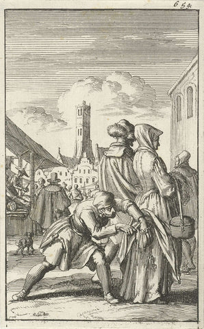 Woman robbed of her money pouch by a thief at a fair, Jan Luyken, 1685 Canvas Print