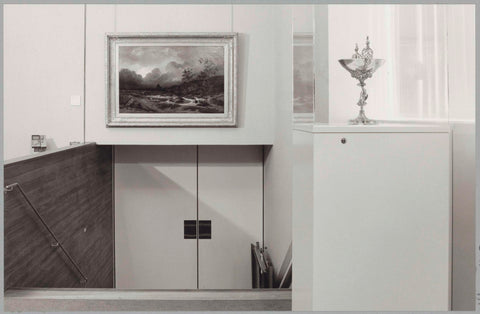 Staircase with a painting of a landscape and silverware next to it, c. 1989 Canvas Print