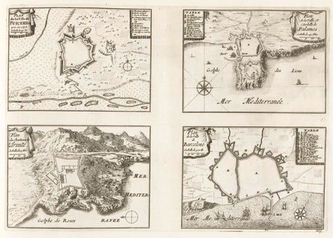 Maps of Puigcerdá, Palamos, Château de la Trinité and Barcelona, c. 1702, anonymous, 1702 - 1703 Canvas Print