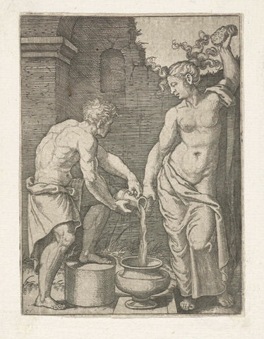 Halfnaakte vrouw wast zich met sponzen en mannelijke bediende schenkt water in vat, Marcantonio Raimondi, 1510 - 1575 Canvas Print