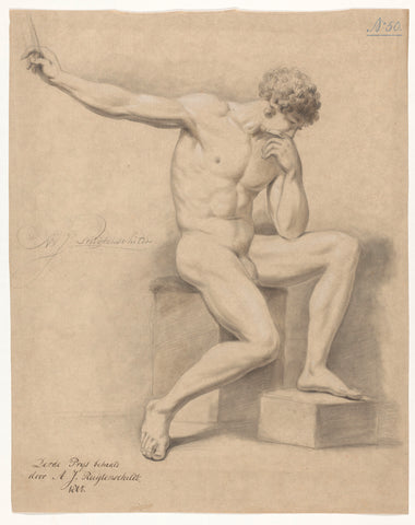 Seated male nude, seen from the front (3rd prize 1805), Abraham Johannes Ruytenschildt, 1805 Canvas Print