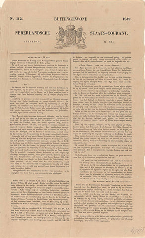 Extraordinary Nederlandsche Staats-Courant. Zaturdag, 12 May. No. 112. 1849, G. van Tijen and Sons, 1849 Canvas Print