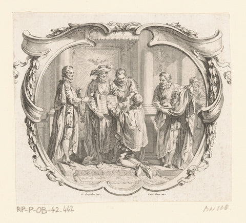 Vignette with a knight taking an oath on the Bible held by Henry de Bourbon, Laurent Cars, 1760 Canvas Print