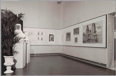 Room with information panels, an openwork drawing and two busts, c. 1985 Canvas Print