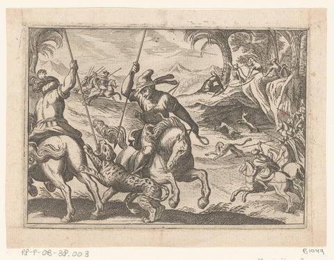 Two men on horseback kill a leopard, anonymous, 1598 Canvas Print