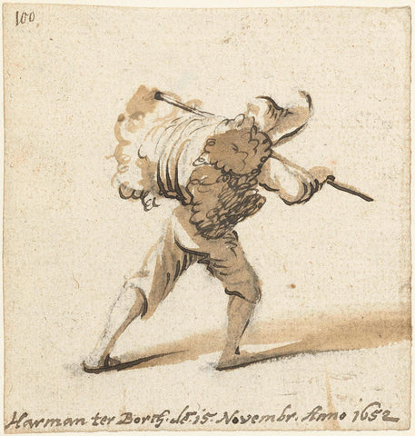 Man with bale of wool on his back, from behind, Harmen ter Borch, 1652 Canvas Print