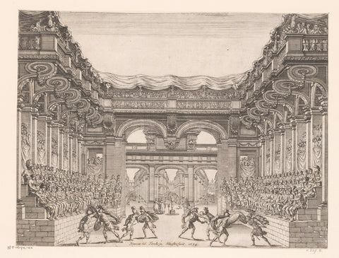 Stage set with fight of gladiators in an arena, Israel Silvestre, 1654 Canvas Print