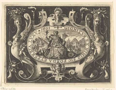 Cartouche in which pride with mirror and peacock feathers, anonymous, 1601 Canvas Print