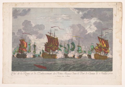 View of the burning down of Turkish ships in the port of Cesme on 7 July 1770, anonymous, 1770 - 1799 Canvas Print