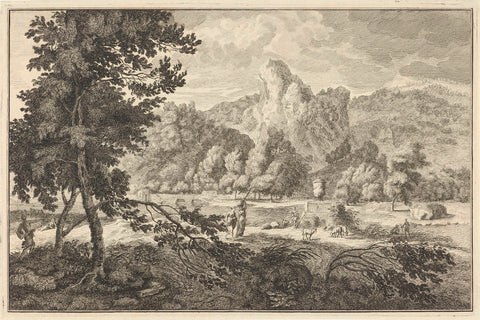 Arcadian river landscape with shepherds and two women with wax, Adolf van der Laan, 1710 - 1747 Canvas Print