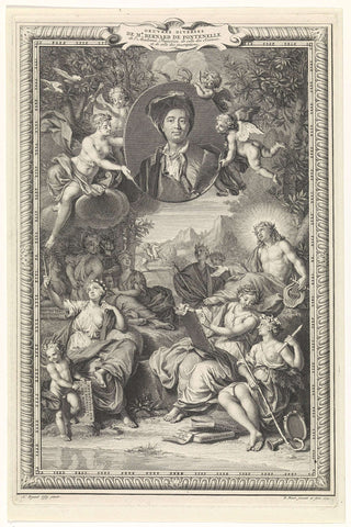 Portrait of Bernard de Fontenelle, with personifications of the seven liberal arts, Bernard Picart, 1727 Canvas Print