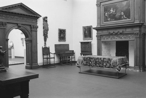 Hall with porch, fireplace and furniture, 1952 Canvas Print