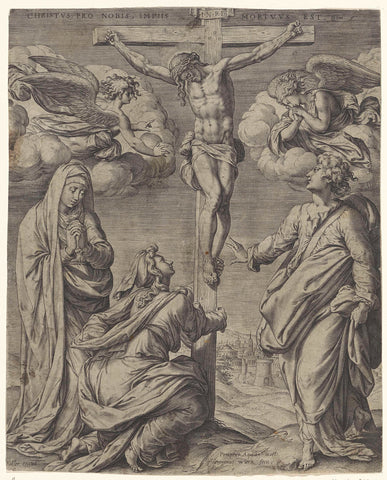 Christus aan het kruis, geflankeerd door twee engelen, Hieronymus Wierix, 1563 - before 1619 Canvas Print