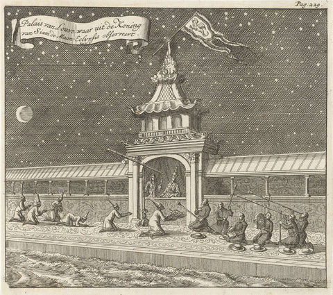 King of Siam (Thailand) observes from his palace the moon eclipses, Jan Luyken, 1687 Canvas Print