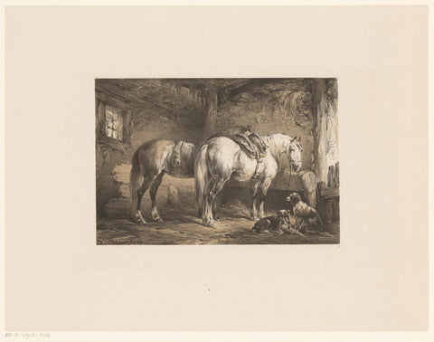 Two horses and dogs in a stable, Wouter Verschuur (1812-1874), 1849 Canvas Print