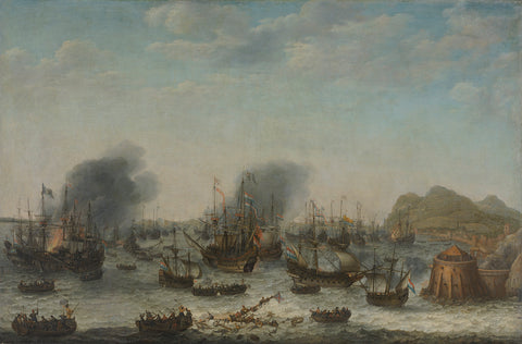 Naval battle near Gibraltar, 25 April 1607 (Victory over the Spanish near Gibraltar by a Fleet Commanded by Admiral Jacob van Heemskerck), Adam Willaerts, 1639 Canvas Print