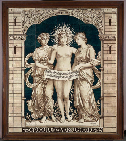 Tile tableau with the personifications of the Beautiful, the True and the Good, N.V. Haagsche Plateelfabriek Rozenburg, 1893 Canvas Print