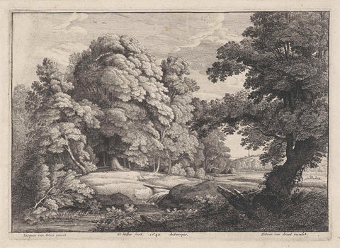 Landscape with bridge over a flowing river, Wenceslaus Hollar, 1648 Canvas Print