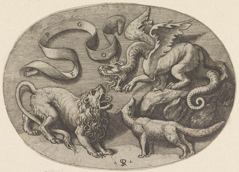 Fox, lion and dragon, Marco Dente, 1498 - 1532 Canvas Print