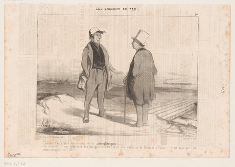 Conversation between two men about the train, Honoré Daumier, 1843 Canvas Print