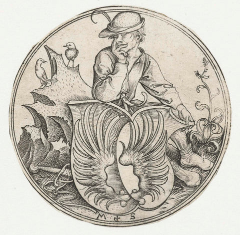 Coat of arms with wings, held by a farmer, Martin Schongauer, 1470 - 1490 Canvas Print