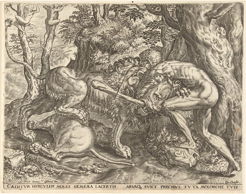 Hercules strangles the Nemean lion, Cornelis Cort, in or after 1563 - before 1595 Canvas Print