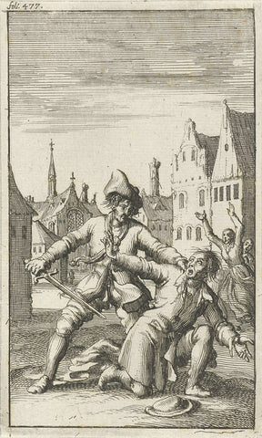 Unarmed man is threatened on the street by a man with a sword, Jan Luyken, 1685 Canvas Print