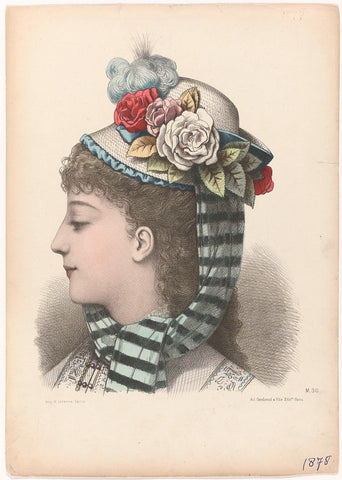 Woman's head with hat with roses, 1875, No.M.30, anonymous, 1875 Canvas Print