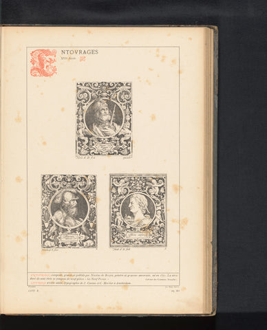 Reproduction of three prints of a portrait surrounded by grotesquees by Nicolaes de Bruyn, depicted Hektor of Troy, Alexander the Great and Julius Caesar, anonymous, c. 1875 - in or before 1880 Canvas Print