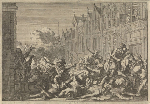 Angers occupied by supporters of Mazarin running in an ambush of ten cannons of governor De Rohan, 1652, Caspar Luyken, 1698 Canvas Print