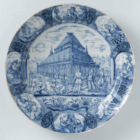 Dish with the building of the temple at Jerusalem, Johannes Verhagen, 1728 Canvas Print