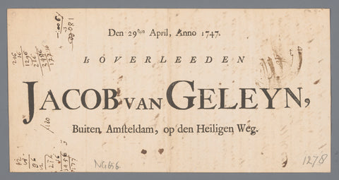 Handgeschreven document, Thomas Oeges, 1747 Canvas Print