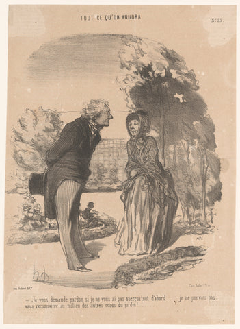 Man gives woman a compliment in the park, Honoré Daumier, 1850 Canvas Print