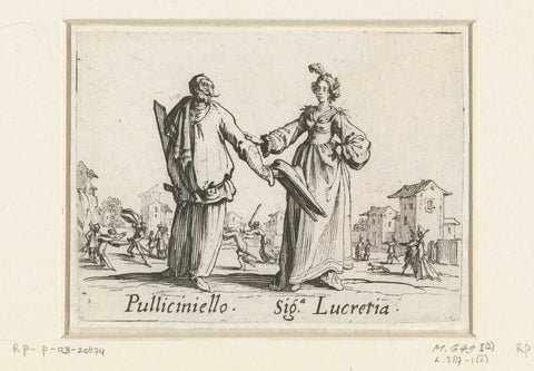 Two street artists as Pulliciniello and Signora Lucretia, Jacques Callot, 1621 - 1622 Canvas Print