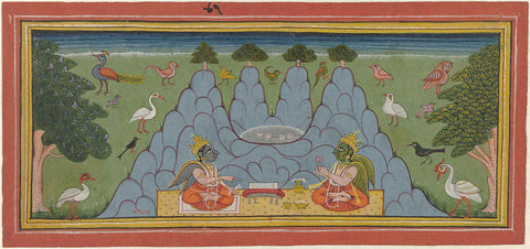 Two birds, sitting on a mountain, reading a sacred text, anonymous, 1700 - 1799 Canvas Print