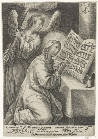 Mary accompanied by angel, Crispijn van de Passe (I), 1603 Canvas Print