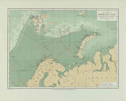 Map of the Northern Ocean of the Arctic Ocean with itinerary of the Willem Barents Kommandant A. de Bruyne 1878, Albertus Barend Hendrik Braakensiek, 1878 Canvas Print