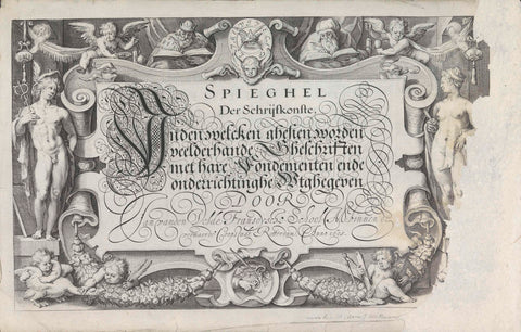 Title print with allegorical edge frame and calligraphed title, Jacob Matham, 1605 Canvas Print