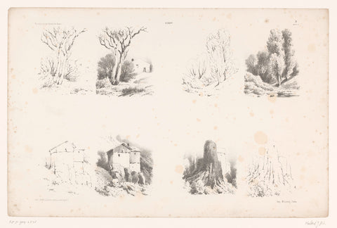 Four representations with trees, a house and castle in two drawing steps, Jean Baptiste Louis Hubert, 1853 - 1854 Canvas Print