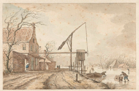 Winter landscape with houses and lever along frozen canal, Jacob Cats (1741-1799), 1771 Canvas Print