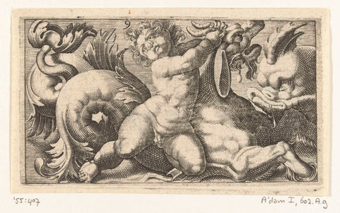 Child clinging with both hands to the horns of a sea creature, Adam Fuchs, c. 1526 - 1606 Canvas Print