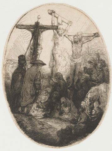 Christ crucified between the two thieves: an oval plate, Rembrandt van Rijn, c. 1641 Canvas Print