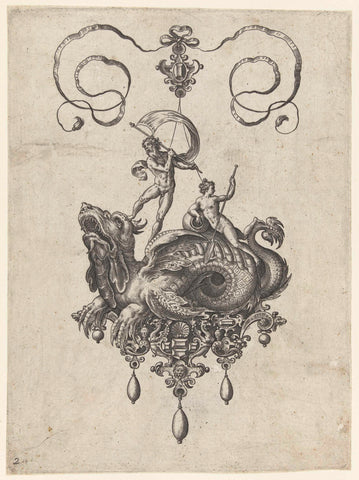 Pendant with sea dragon, on his back stands a man with a sail, Adriaen Collaert, 1582 Canvas Print