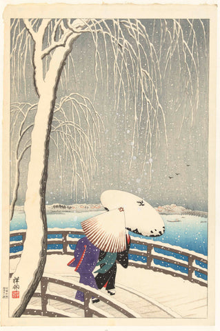 In the snow at Yanagibashi, Ohara Koson, 1927 Canvas Print