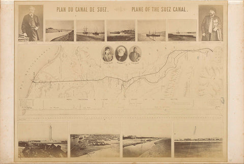 Photo reproduction of a map with the trajectory of the Suez Canal, photos of places along it and of Ismael Pasha and Ferdinand de Lesseps, anonymous, in or after 1869 - 1880 Canvas Print